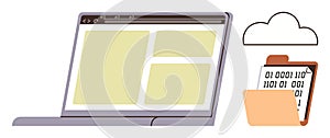 Digital File Storage Concept with Laptop Screen, Cloud, and Document in Folder