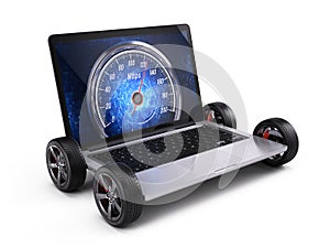 Laptop on wheels with network speedometer - high speed internet conncection concept