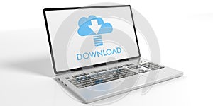 Laptop on white background - Download cloud concept. 3d illustration