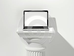 Laptop on white colum. 3d rendering