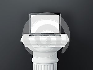 Laptop on white colum isolated on dark background. 3d rendering