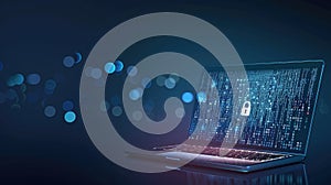 Laptop with white padlock icon with made of binary code and digital graphic on dark blue tone background