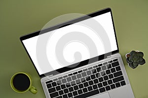 Laptop with white screen, coffee cup and succulent on green background.