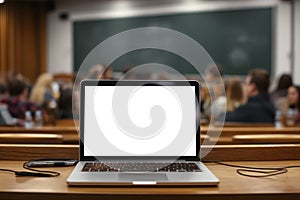 Laptop with White Screen on College Lecture Hall Desk