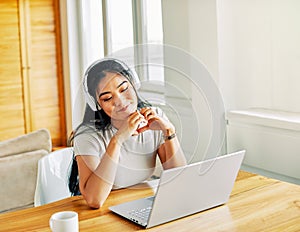laptop woman computer headphone technology call video communication online internet happy asian