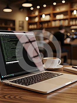 Laptop on Wooden Desk with Coffee Cup