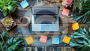 A laptop is on a wooden desk with a cup of coffee by AI generated image