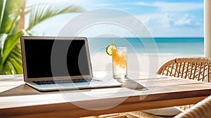Laptop on a wooden desk with orange juice by a sunny beach window, symbolizing remote work or vacation
