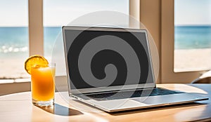 Laptop on a wooden desk with orange juice by a sunny beach window, symbolizing remote work or vacation