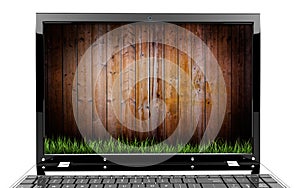 Laptop with wooden wall and grass