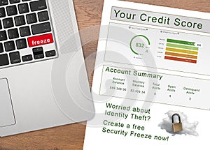 Laptop with the word Freeze on key with credit report