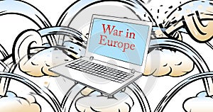 Laptop with the word War in Europe on the screen.