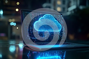 Laptop work with cloud computing diagram, network connections, and data storage concepts