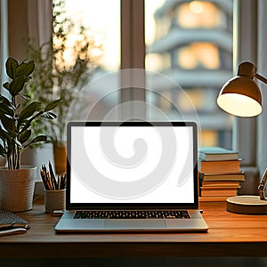 Laptop Workspace Cozy Home Office Setup with Blank Screen
