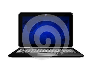 Laptop with world ma screen isolated over white