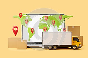 Laptop with world map, cardboard box and delivery van. Mockup