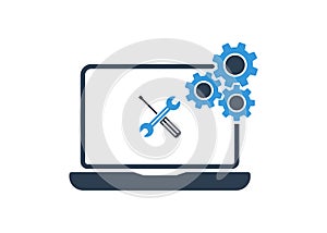 Laptop with wrench and screwdriver on screen. Computer repair service, technical support. Flat design. Vector illustration photo