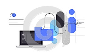 Laptop, chart, information. Simple flat illustration, abstract presentation slide