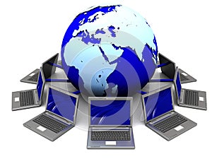 Laptops around earth globe