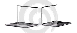 Laptops with blank screen isolated on white background, white aluminium body. Whole in focus.