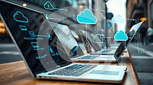 Laptops connected to the cloud. Modern technology and network collaboration visualized
