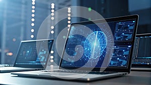 Laptops displaying artificial intelligence concept in data center with server racks