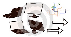 Computers, Laptops, and Cloud Network Connected by Digital Arrows for Data Sharing and Technology Concept