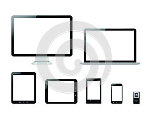 Laptops, tablets, and smartphones with empty screens isolated on a white background