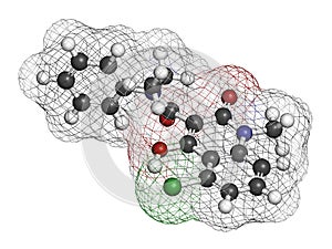 Laquinimod multiple sclerosis drug molecule. 3D rendering. Atoms are represented as spheres with conventional color coding: photo