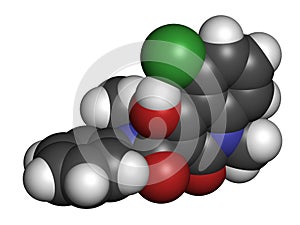 Laquinimod multiple sclerosis drug molecule. 3D rendering. Atoms are represented as spheres with conventional color coding: photo