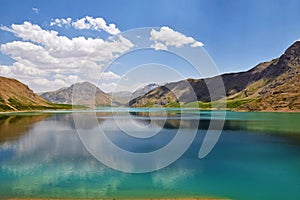 Lar Dam Lake and mountain with clouds in blue sky