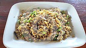 Larb catfish or spicy minced catfish salad, a delicious menu of a minimalist restaurant in countryside of Thailand.