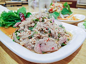 Larb Moo, Thai minced pork salad with herb.