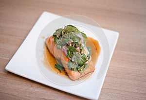 Larb salmon, Thai salad with salmon.