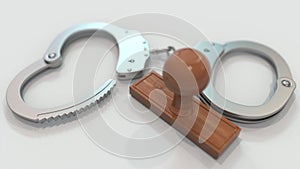 LARCENY stamp and handcuffs. Crime and punishment related conceptual 3D animation