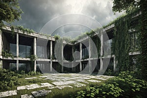 A large, abandoned building with overgrown plants growing out of the walls and windows.