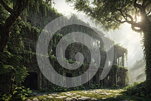 A large, abandoned building with overgrown vines and trees growing out of the walls and windows.