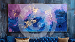 Large abstract painting with vibrant blue and purple swirls and gold flecks, evoking a cosmic scene photo