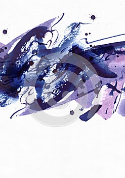 Large abstract watercolor background. Vivid blue and purple freehand brush stains, dots and spots on grainy white textured paper.