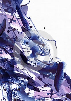 Large abstract watercolor background. Vivid blue and purple freehand brush stains, dots and spots on grainy white textured paper.