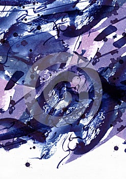 Large abstract watercolor background. Vivid blue and purple freehand brush stains, dots and spots in solid texture on grainy white