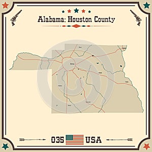 Vintage map of Houston county in Alabama, USA.