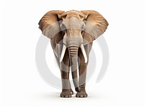 Large adult African Elephant male bull with long ivory tusks isolated on white background - front view. Wild animal look