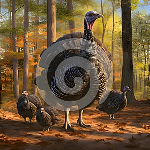 A large adult turkey with three baby turkeys in the woods, autumn. Turkey as the main dish of thanksgiving for the harvest