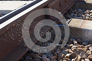 A large aerial web hangs on rusty metal  rails