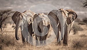 Large African elephant herd walking in tranquil savannah wilderness area generated by AI