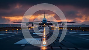 A large airplane is positioned on a runway, facing the viewer, with a dramatic
