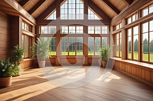 large airy space decorated with natural timber walls, floor and ceiling. big windows with natural view, fresh plants