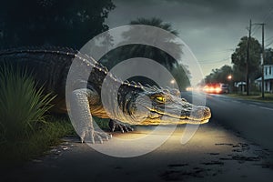 Large Alligator Going to Cross a Road. AI generated Illustration