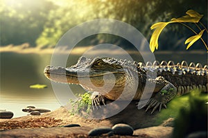 a large alligator sitting on top of a rock near a body of water with a plant in it\'s mouth and a yel photo